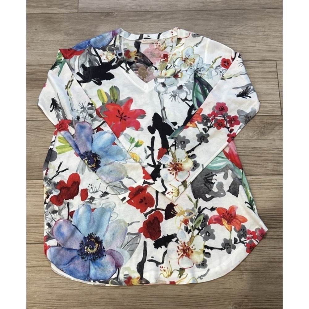 Soft Surroundings Women's Watercolor Floral V-Neck Tunic Large Cottagecore